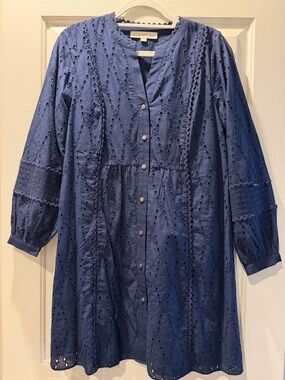 LOFT Navy Blue Eyelet Button-Front Long Sleeve Tunic Dress